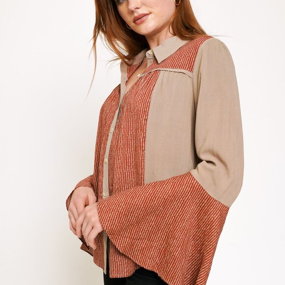 MYSTREE Taupe & Rust Boho Button Down Blouse, Flared Sleeve Casual Chic Top - Picture 5 of 9